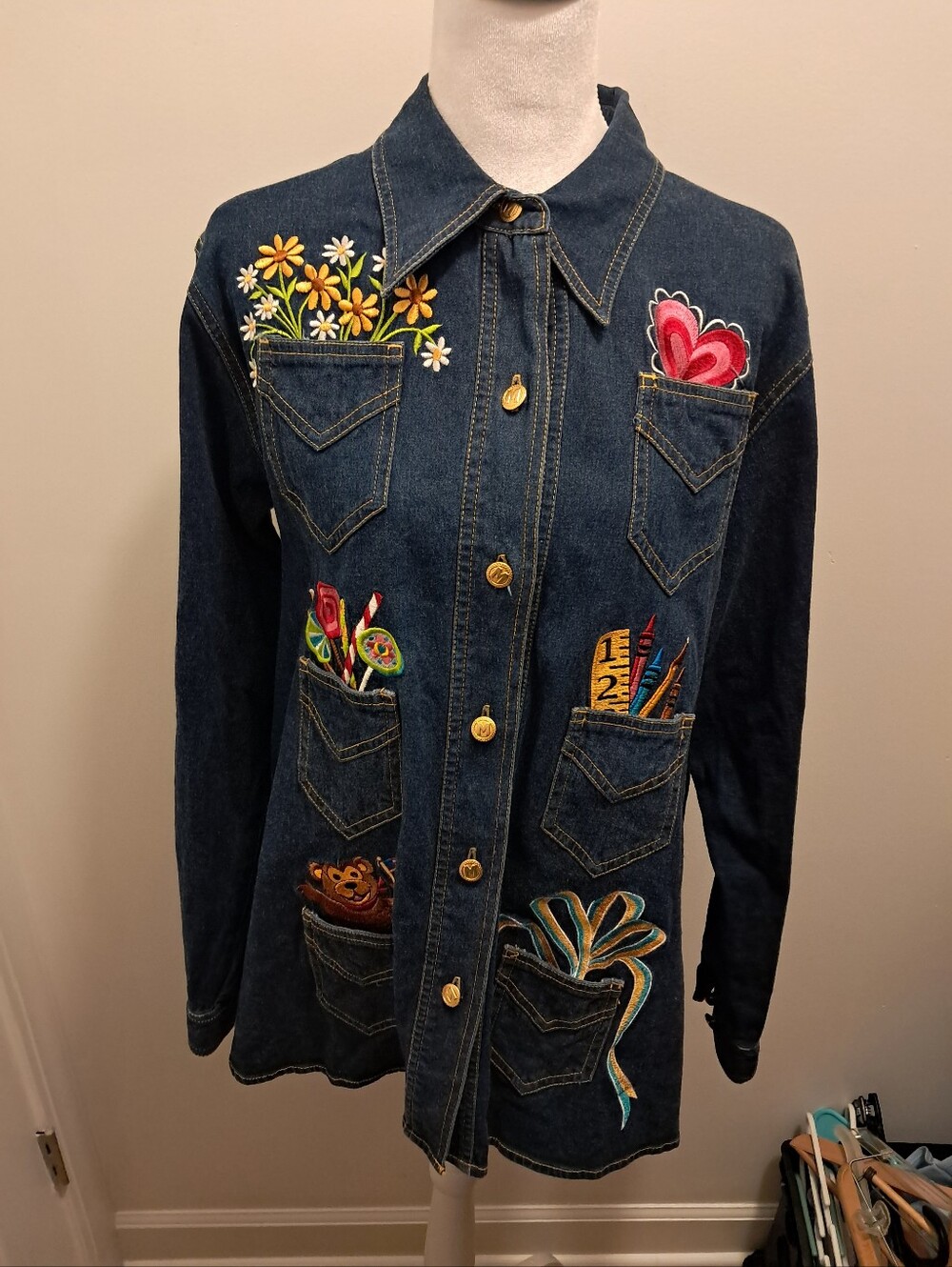 Vtg Y2k Embroidered Denim Jacket Large L Teacher Educator Retro Preppy - Picture 4 of 7